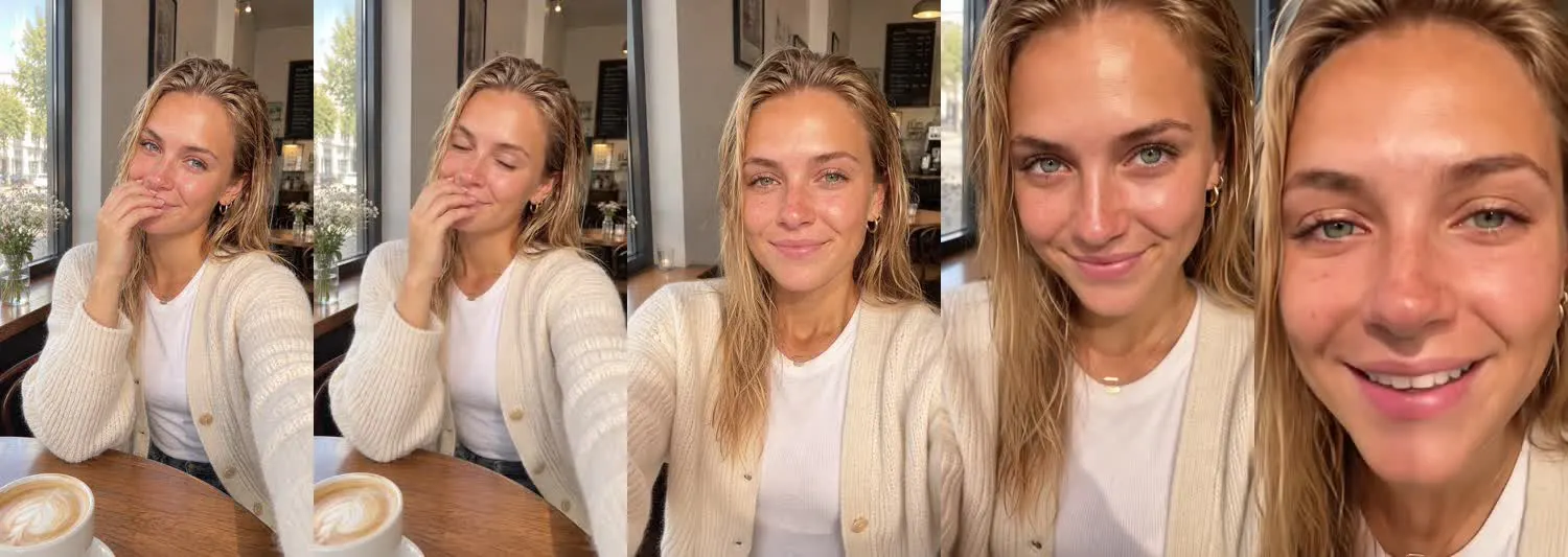 Five frames from the clip, left to right: Ava · This got me · Café table