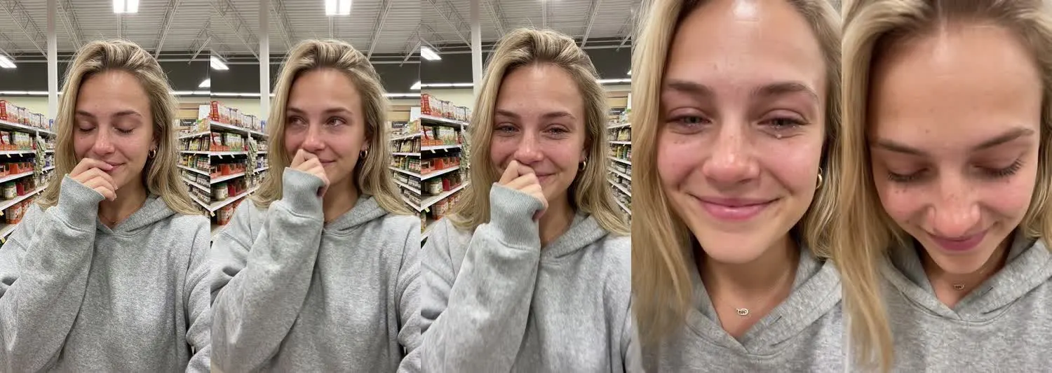 Five frames from the clip, left to right: Ava · This got me · Grocery aisle