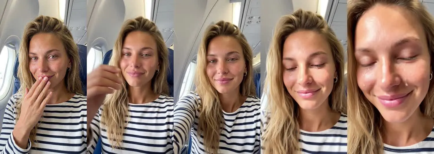 Five frames from the clip, left to right: Chloe · This got me · Airplane seat