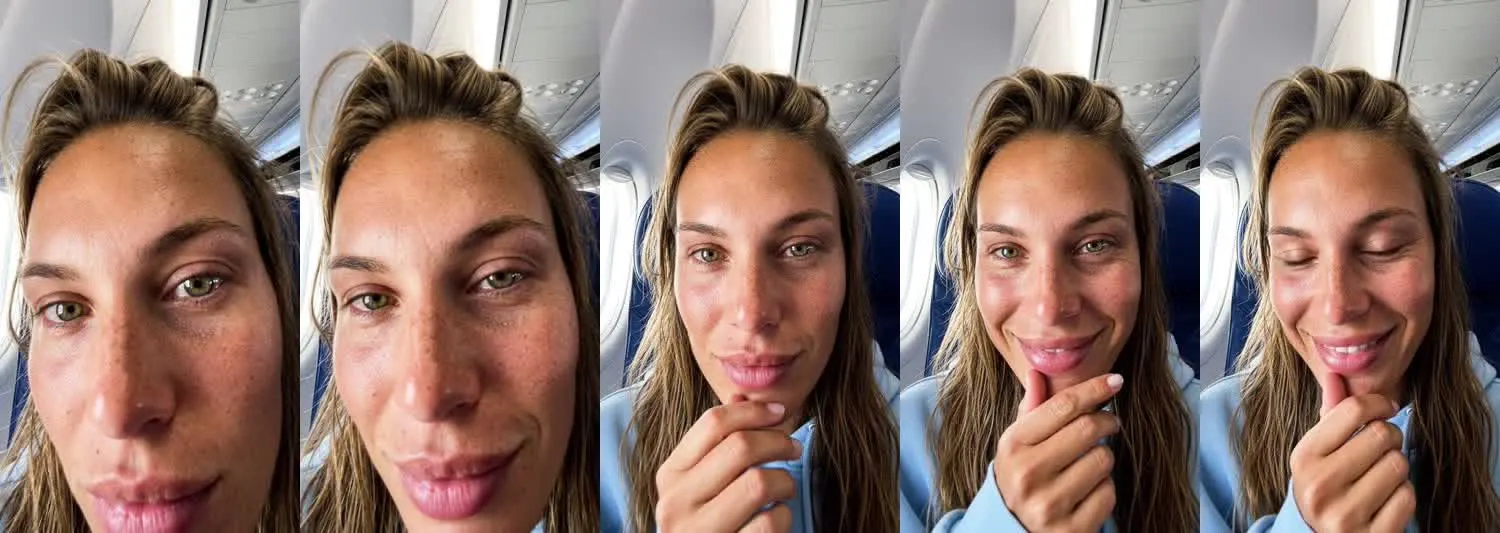 Cinco frames del clip, de izquierda a derecha: Chloe · Esto me llegó · Asiento de avión