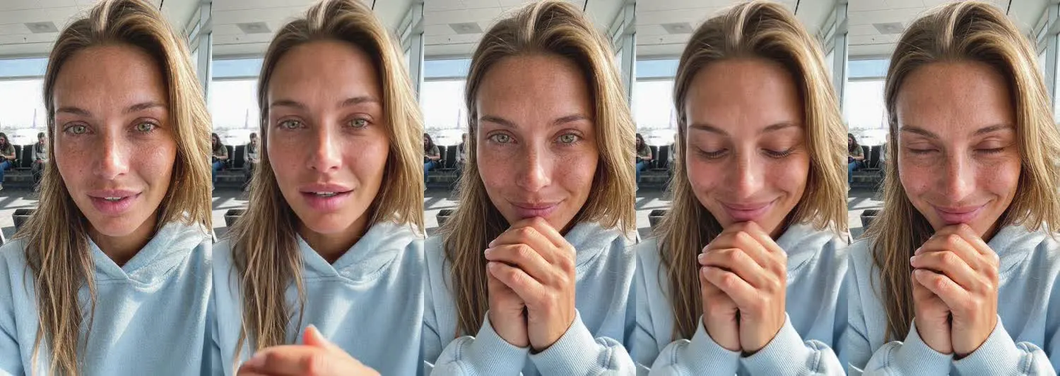 Five frames from the clip, left to right: Chloe · This got me · Airport gate