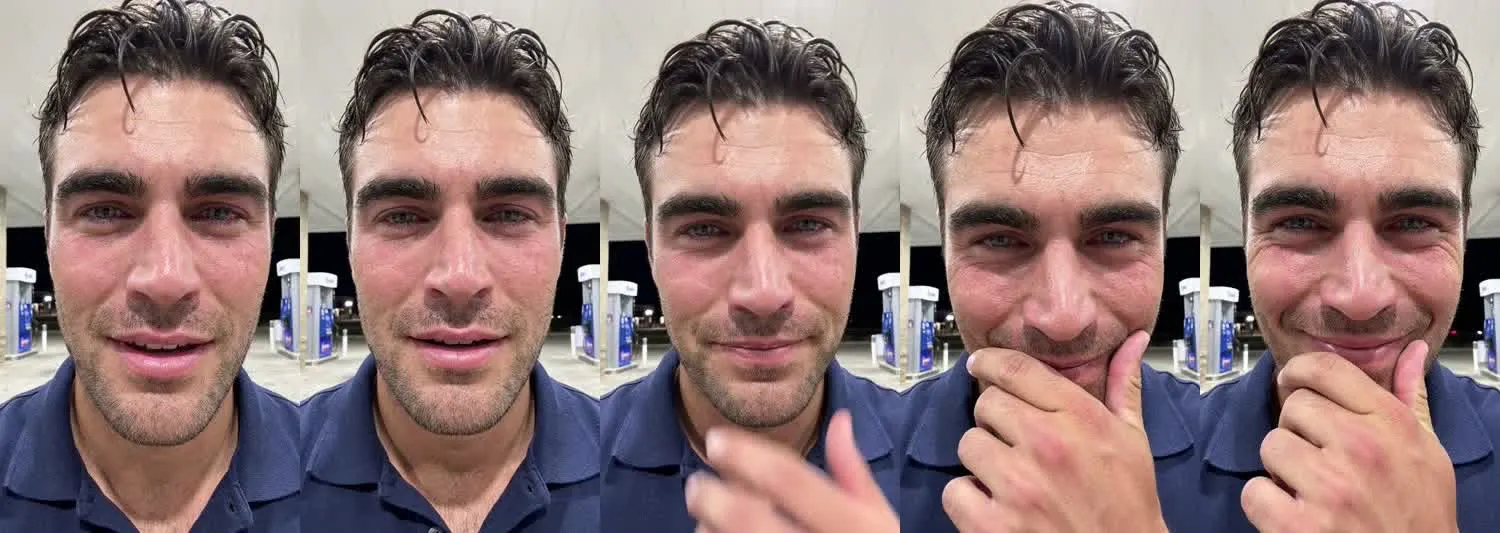 Five frames from the clip, left to right: Jake · This got me · Gas station at night