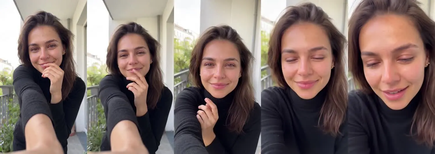 Five frames from the clip, left to right: Mia · This got me · Balcony