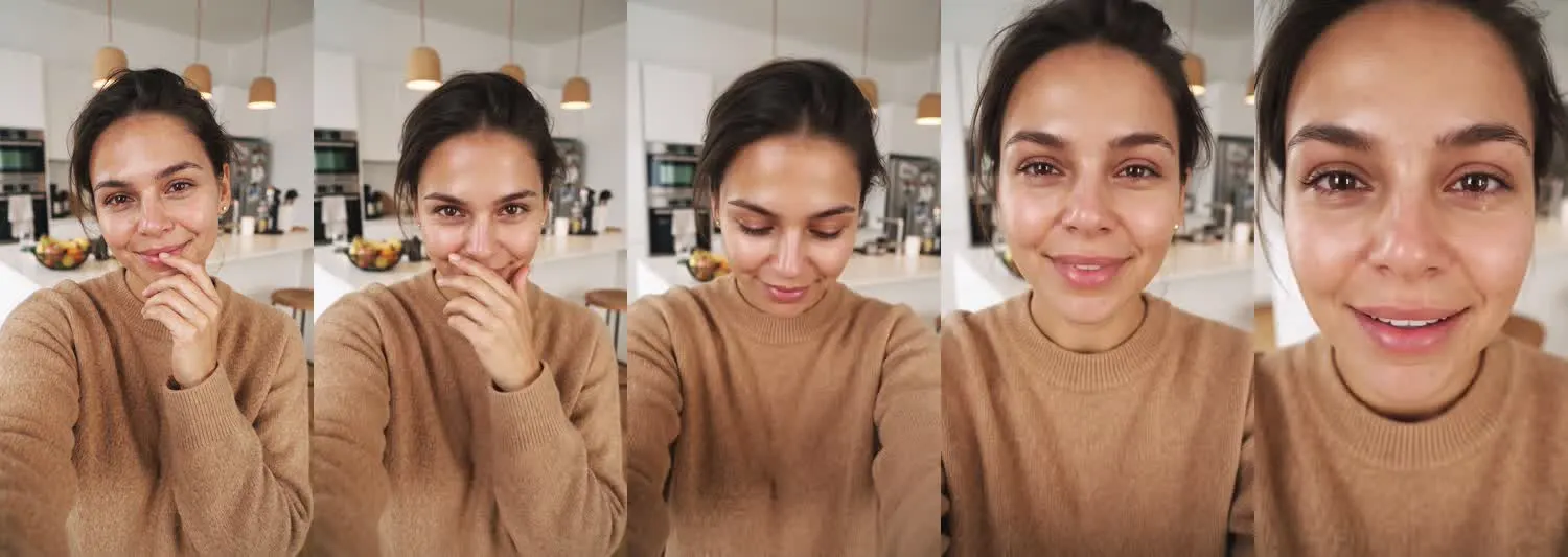 Five frames from the clip, left to right: Mia · This got me · Kitchen island