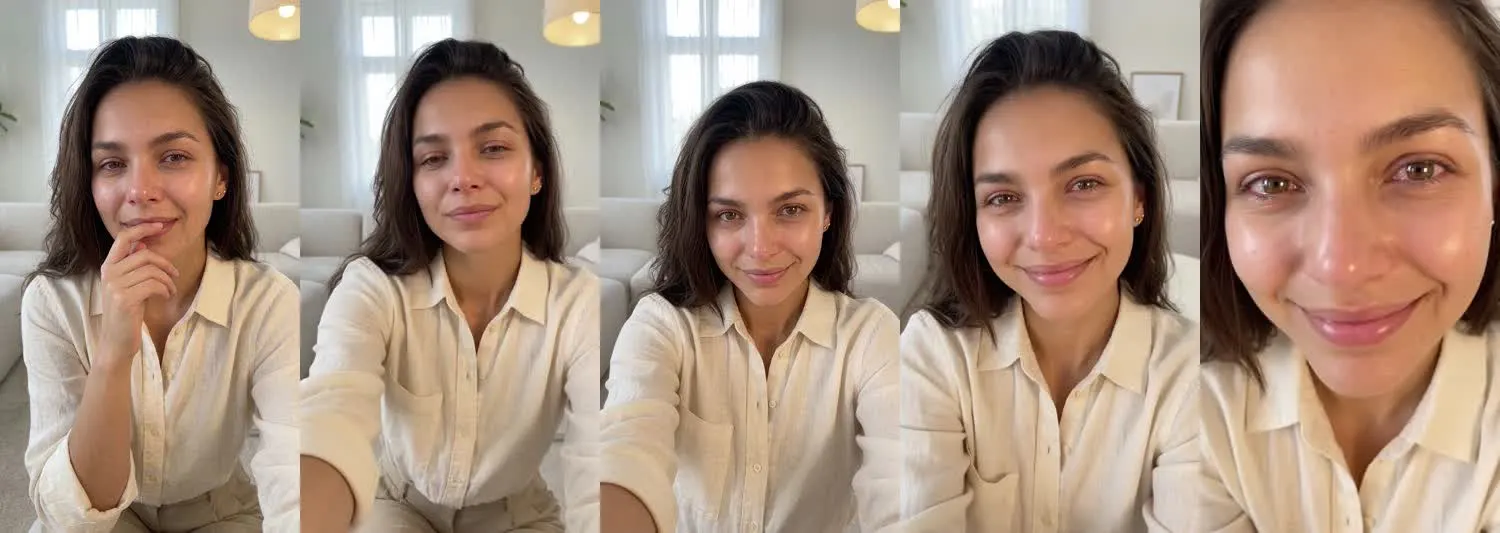 Five frames from the clip, left to right: Mia · This got me · Sunlit living room