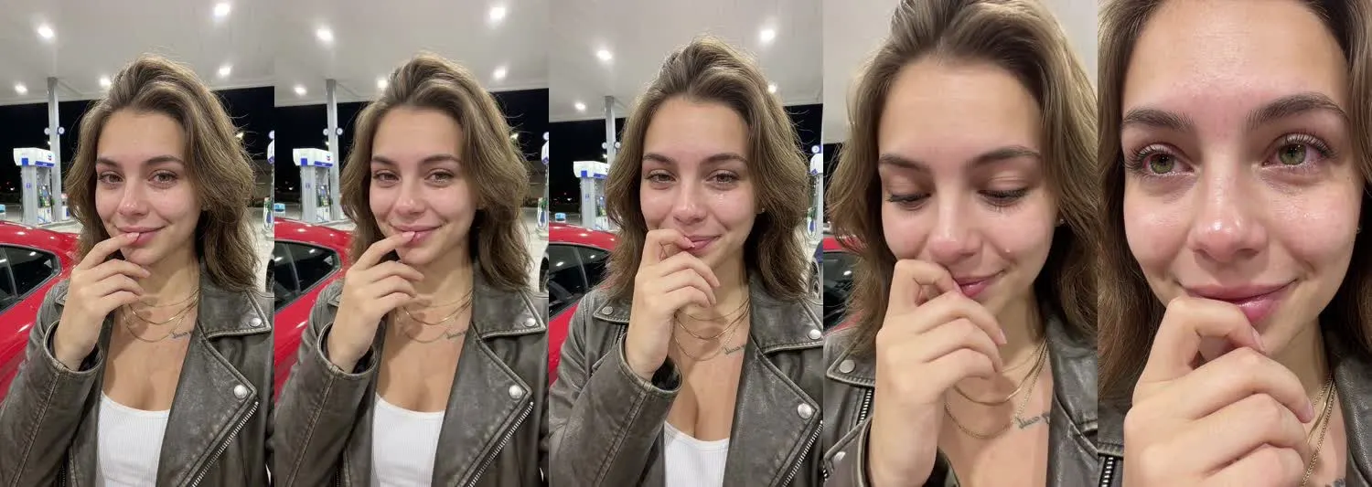 Five frames from the clip, left to right: Nova · This got me · Gas station at night