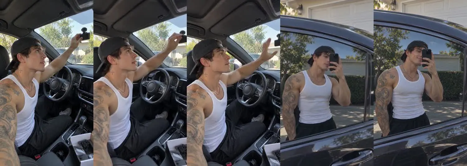 Five frames from the clip, left to right: Cruz · two_take · accessory install→car window driveway