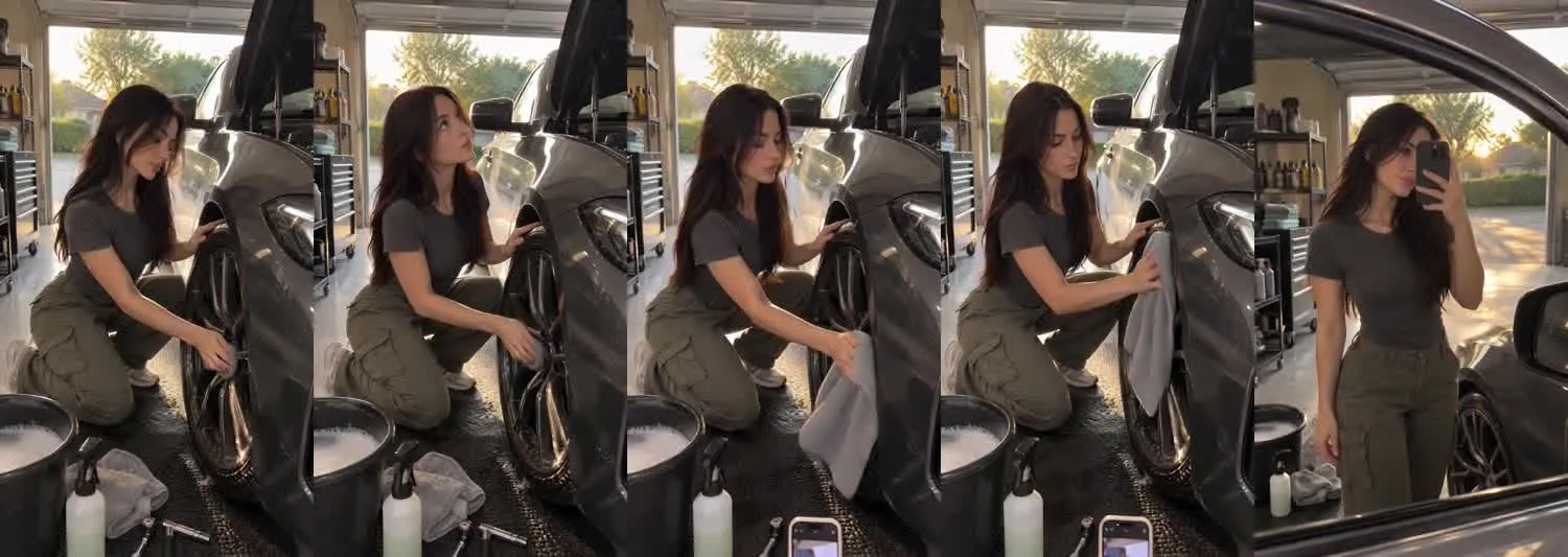 Five frames from the clip, left to right: Vera · two_take · alloy wheel polish home garage→side window post polish