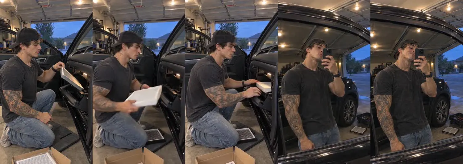 Cinco frames del clip, de izquierda a derecha: Cruz · two_take · cabin filter swap home garage→side window filter finish