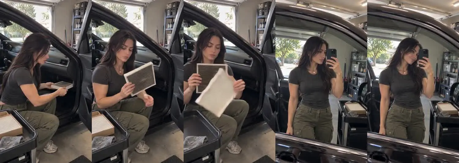 Five frames from the clip, left to right: Vera · two_take · cabin filter swap→side window selfie