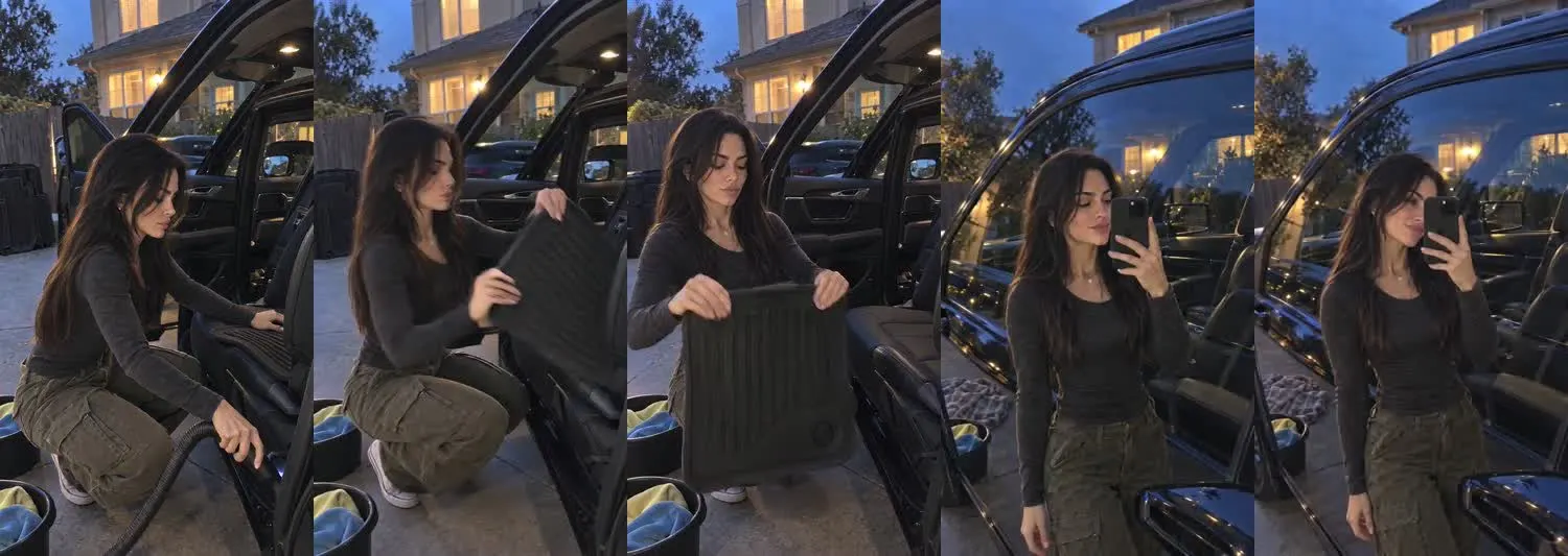 Five frames from the clip, left to right: Vera · two_take · driveway evening cabin reset→side window evening checkin