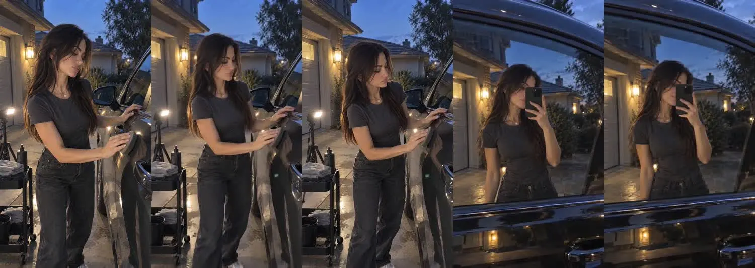 Five frames from the clip, left to right: Vera · two_take · driveway evening paint polish→driveway dusk window reflection