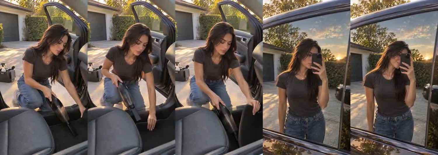 Five frames from the clip, left to right: Vera · two_take · driveway golden hour footwell vacuum→driveway side window post detail selfie