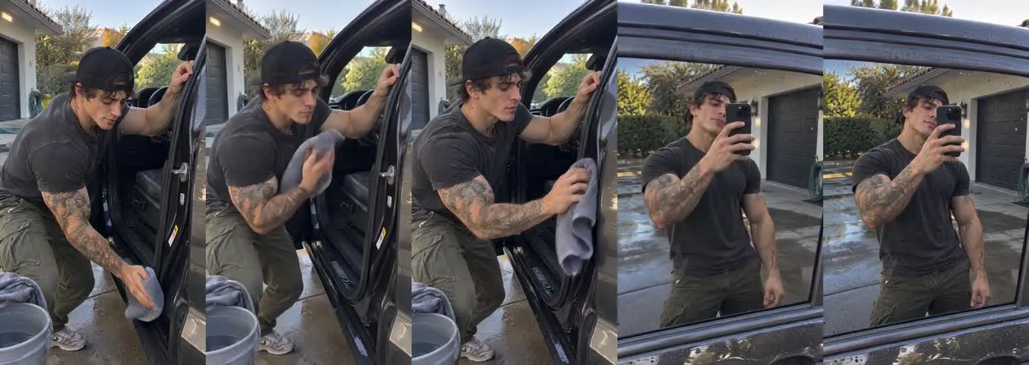 Five frames from the clip, left to right: Cruz · two_take · driveway morning doorjamb dry→morning side window reflection