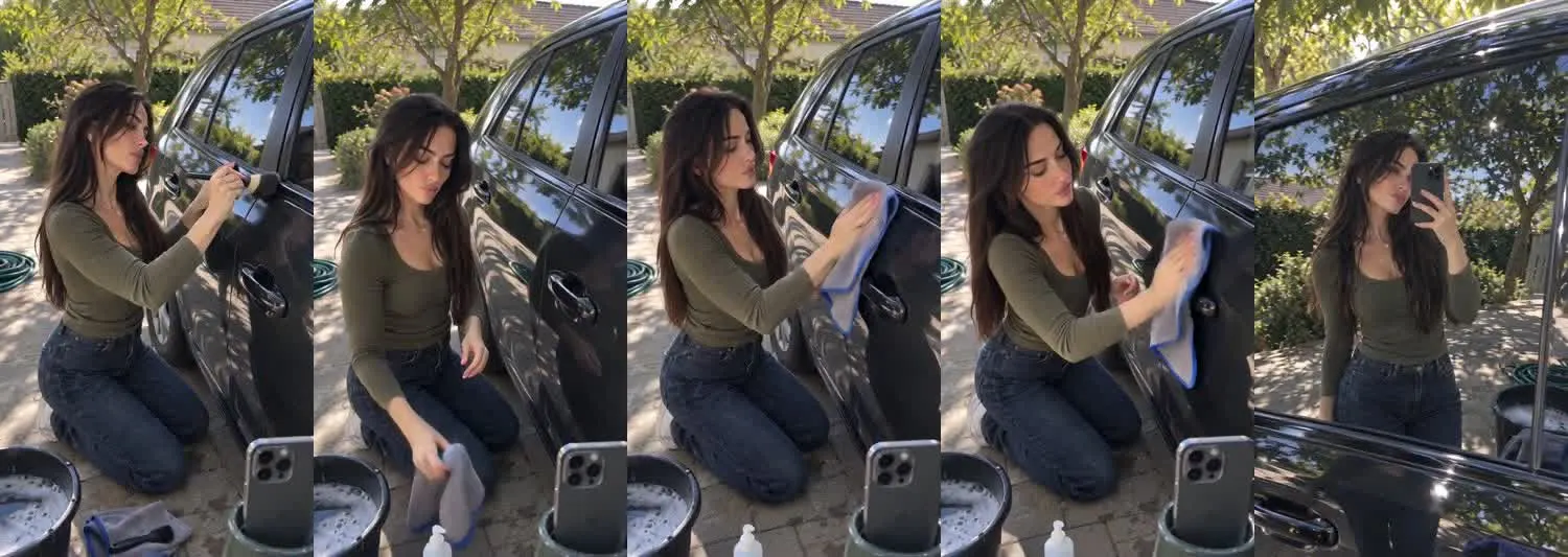 Five frames from the clip, left to right: Vera · two_take · driveway trim detail→side window finish