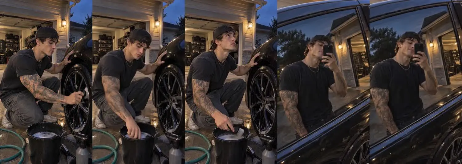 Five frames from the clip, left to right: Cruz · two_take · evening driveway wheel detail→evening side window wheel detail selfie