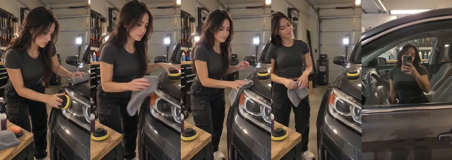 Five frames from the clip, left to right: Vera · two_take · evening garage headlight polish→evening side window polish selfie