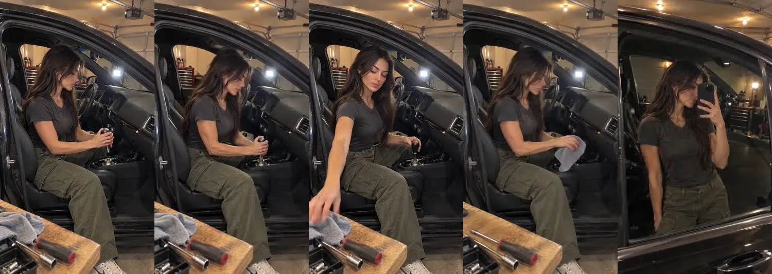 Five frames from the clip, left to right: Vera · two_take · evening garage shift knob install→evening garage side window selfie