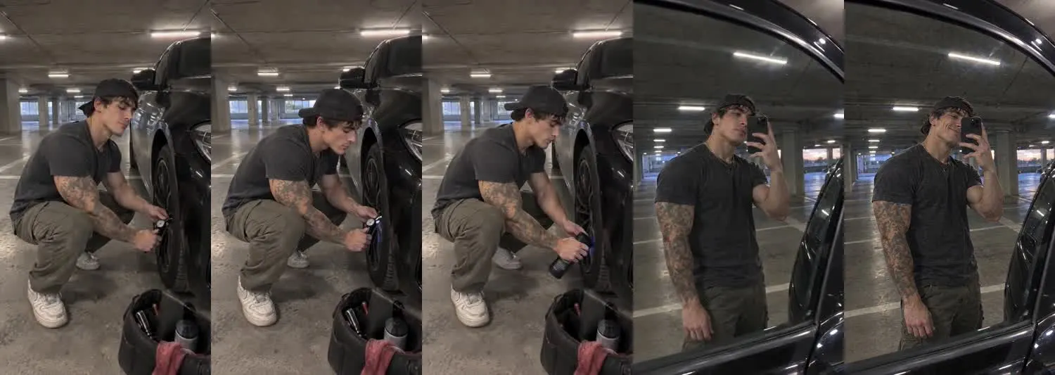 Five frames from the clip, left to right: Cruz · two_take · garage tire pressure check→garage window reflection
