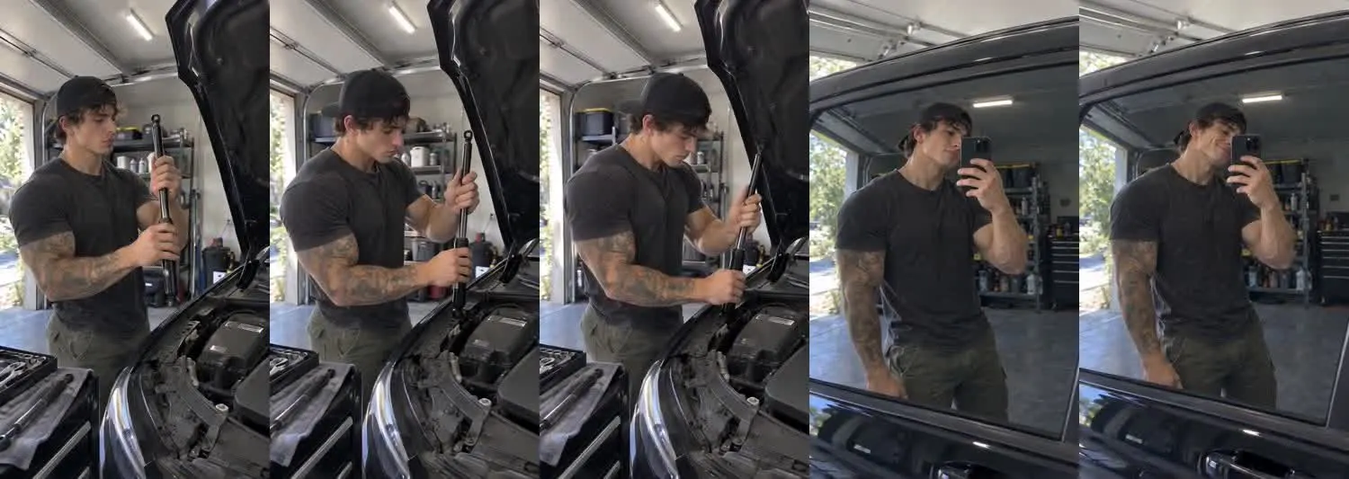 Five frames from the clip, left to right: Cruz · two_take · morning garage hood struts→morning side window strut check