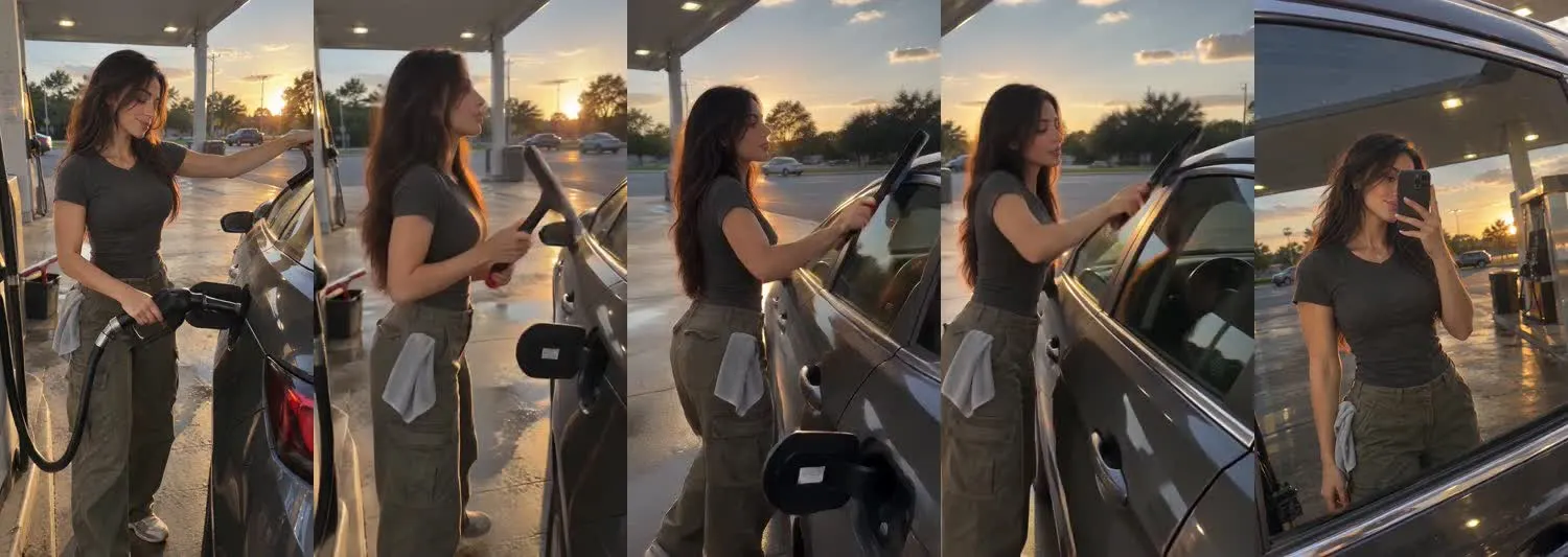 Five frames from the clip, left to right: Vera · two_take · petrol station fuel and glass wipe→petrol station side window selfie
