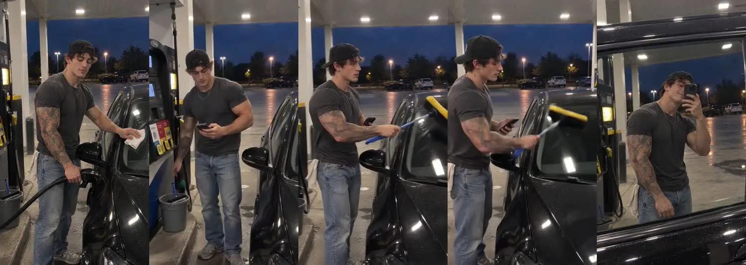 Five frames from the clip, left to right: Cruz · two_take · petrol station fuel windshield squeegee →petrol station side glass reflection che