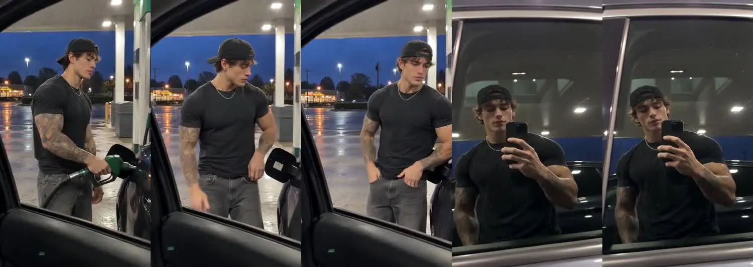 Five frames from the clip, left to right: Cruz · two_take · predawn pump glass wipe→predawn side window reflection