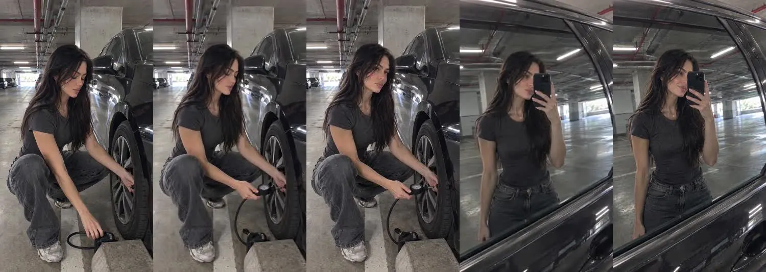 Five frames from the clip, left to right: Vera · two_take · tyre pressure check garage→side window post check