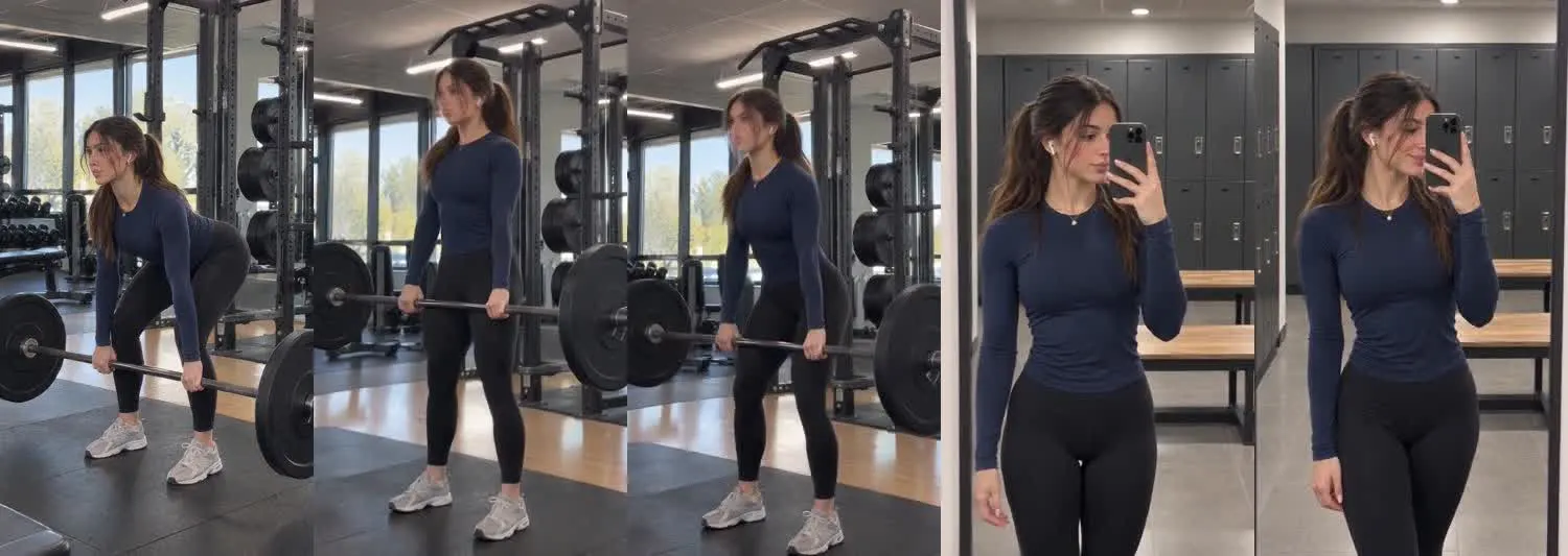 Five frames from the clip, left to right: Nadia · two_take · barbell rdl set→locker room mirror check