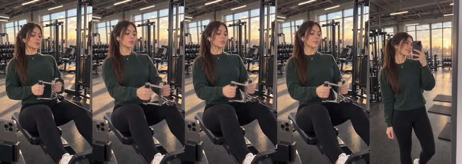 Five frames from the clip, left to right: Nadia · two_take · cable row strength set→gym wall mirror checkin