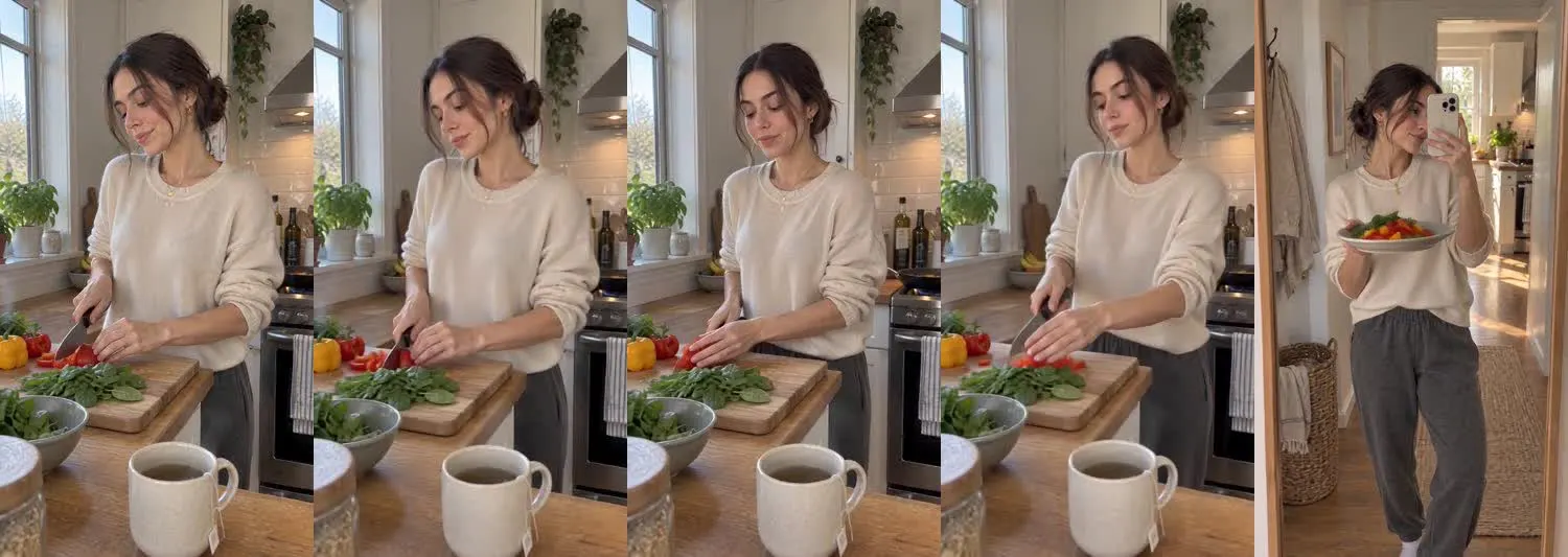 Five frames from the clip, left to right: Nadia · two_take · chopping veggies omelette→hallway mirror with plate