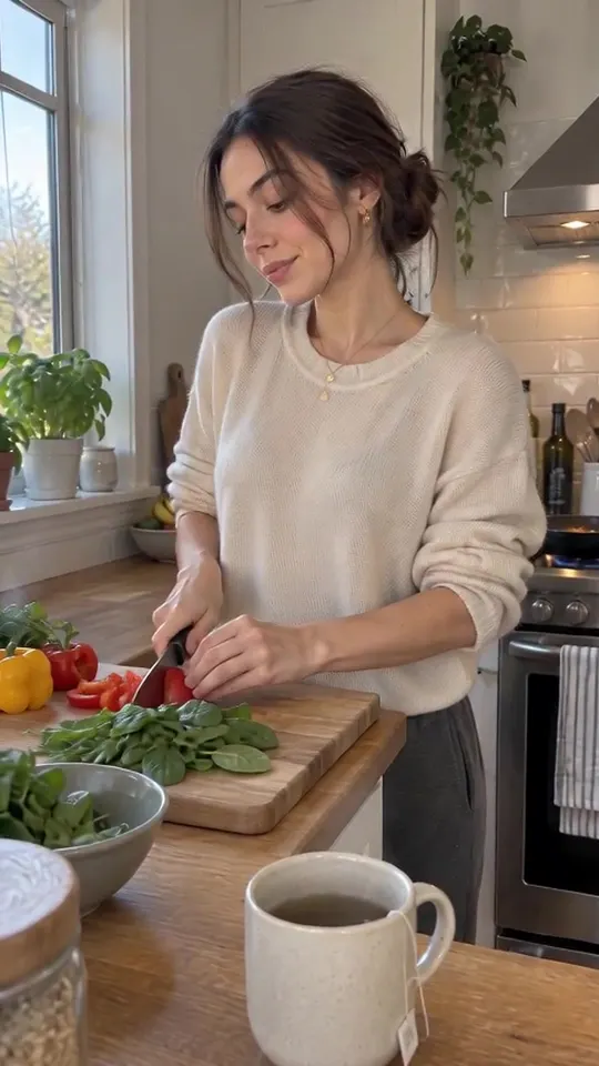 Nadia · two_take · chopping veggies omelette→hallway mirror with plate