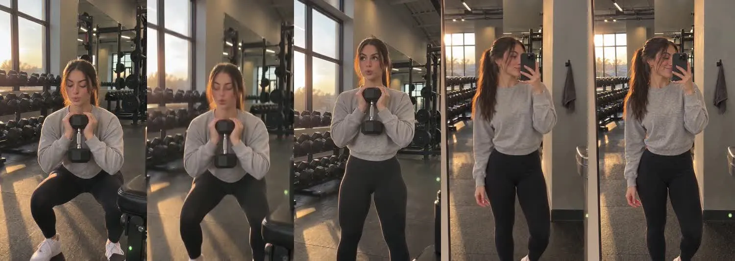 Cinco frames del clip, de izquierda a derecha: Nadia · two_take · dumbbell goblet squat set→gym hallway mirror post set