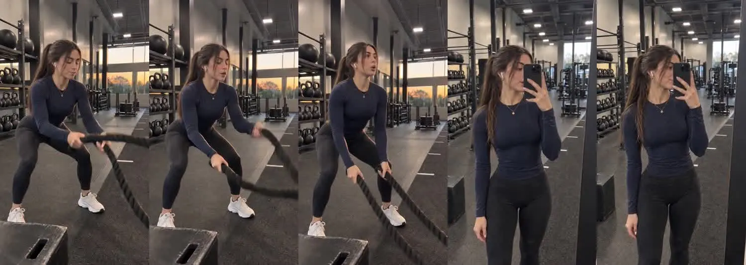 Five frames from the clip, left to right: Nadia · two_take · evening battle ropes→gym mirror after battle ropes