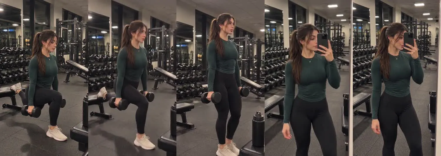 Five frames from the clip, left to right: Nadia · two_take · evening dumbbell split squats→gym mirror after split squats