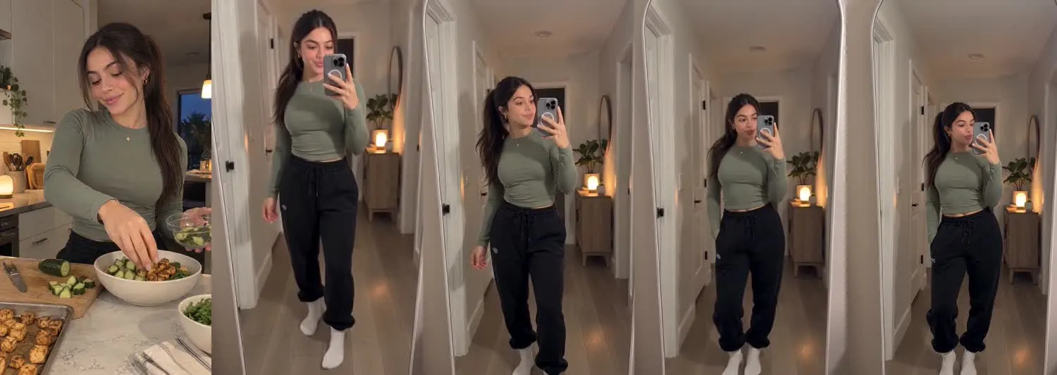Five frames from the clip, left to right: Nadia · two_take · evening tofu bowl prep→home hall mirror after prep