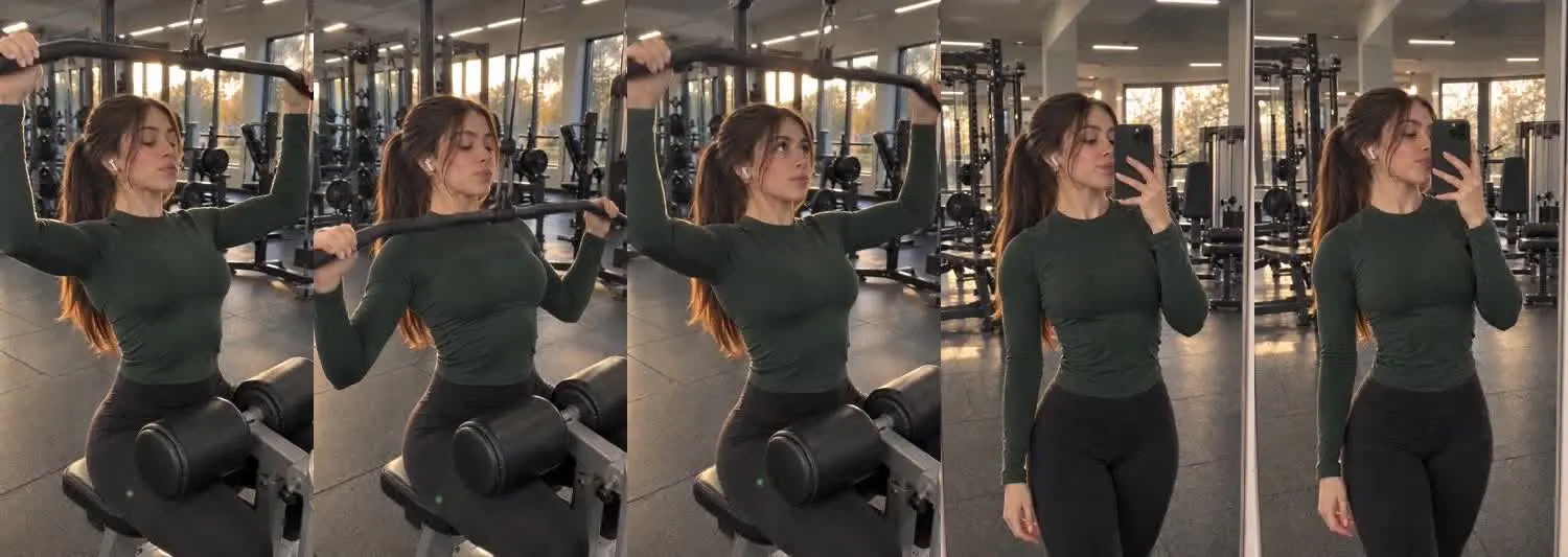 Five frames from the clip, left to right: Nadia · two_take · lat pulldown set→gym wall mirror selfie