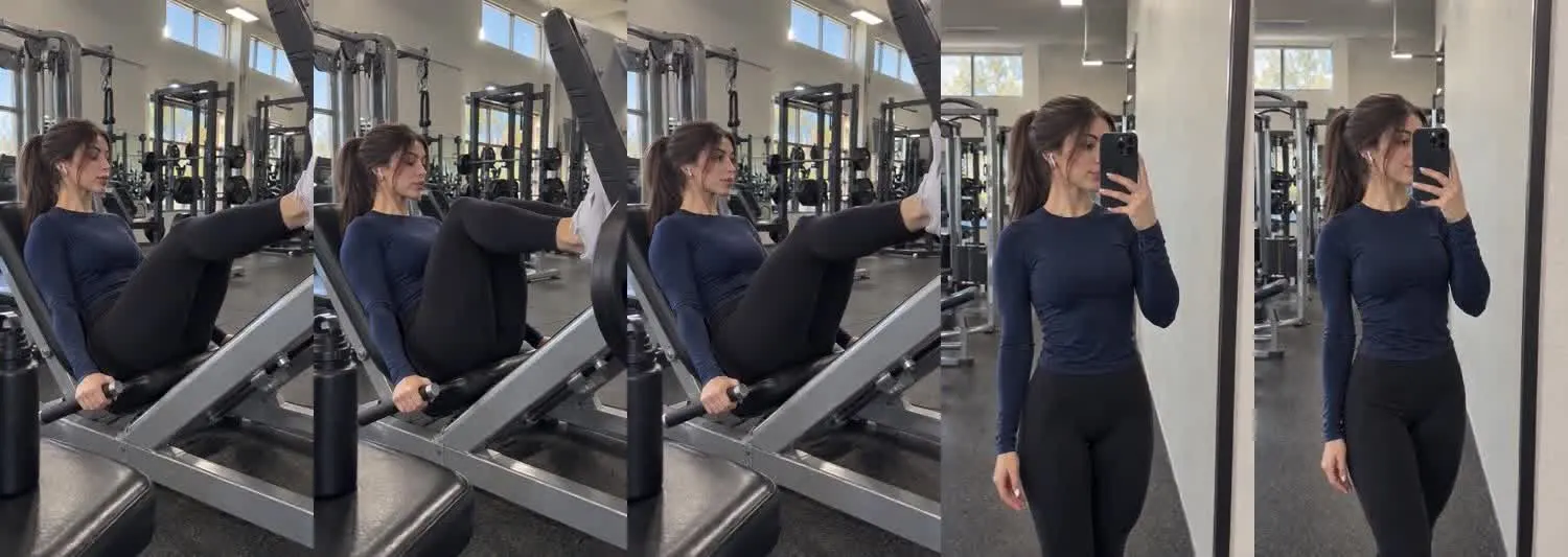 Five frames from the clip, left to right: Nadia · two_take · leg press work set→gym mirror after leg press