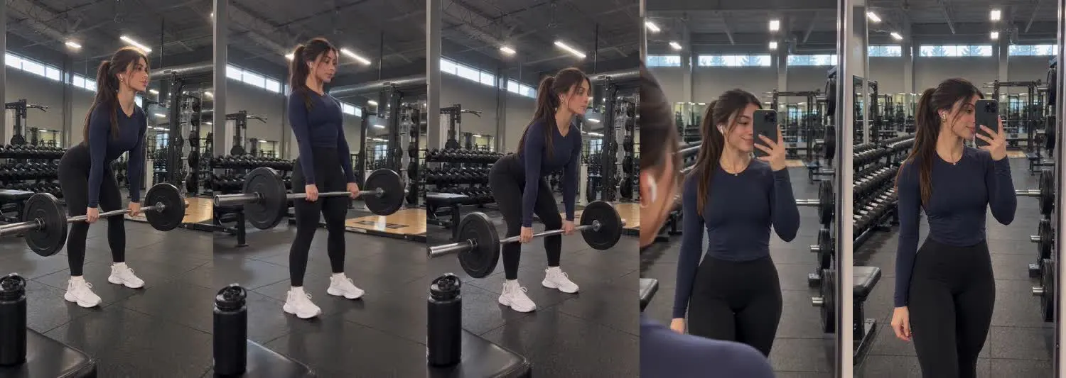 Five frames from the clip, left to right: Nadia · two_take · morning gym barbell deadlifts→morning gym wall mirror check