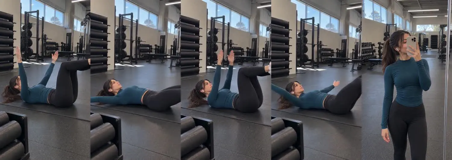 Five frames from the clip, left to right: Nadia · two_take · morning gym dead bug→morning gym mirror after core
