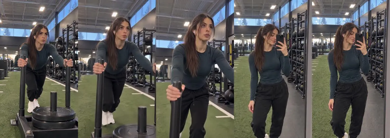 Five frames from the clip, left to right: Nadia · two_take · morning sled push→morning gym mirror check