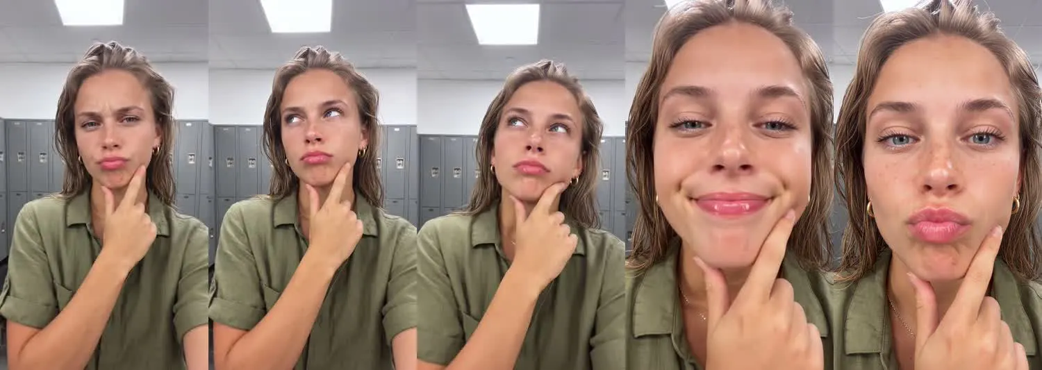 Five frames from the clip, left to right: Ava · Wait, what? · Gym locker room