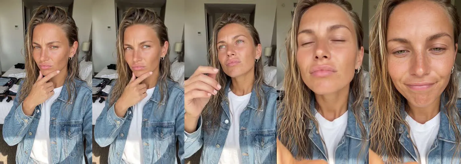 Five frames from the clip, left to right: Chloe · Wait, what? · Hotel room