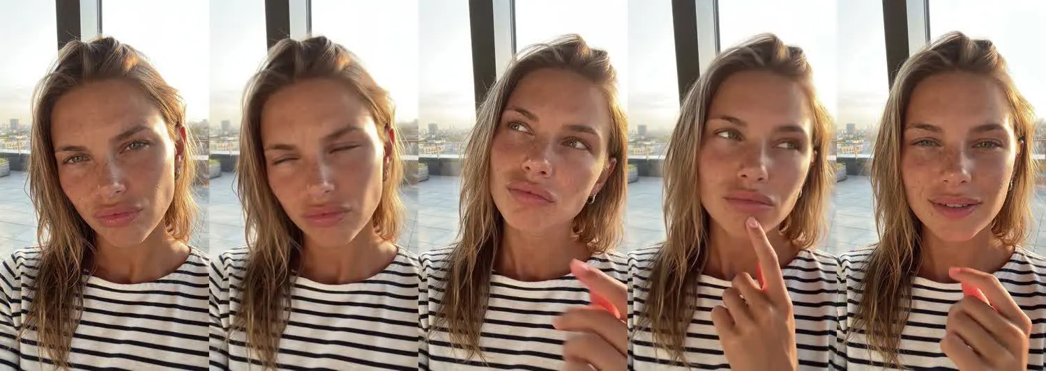 Cinco frames del clip, de izquierda a derecha: Chloe · Espera, ¿qué? · Azotea al atardecer