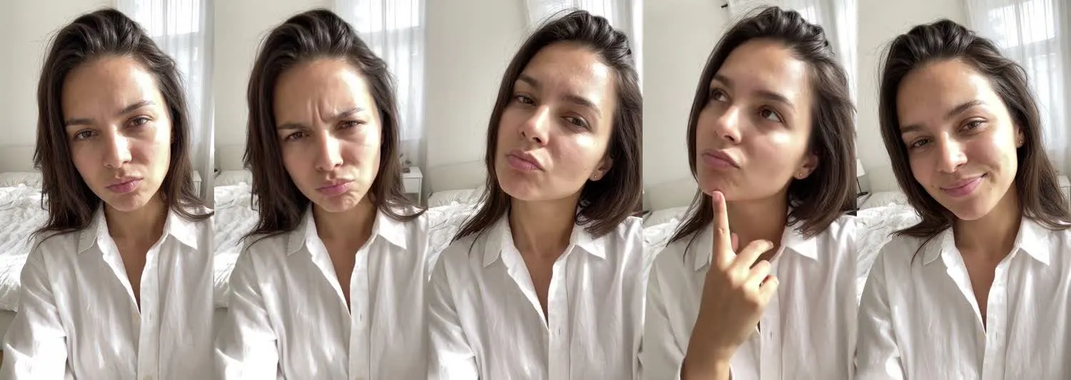 Five frames from the clip, left to right: Mia · Wait, what? · Bedroom