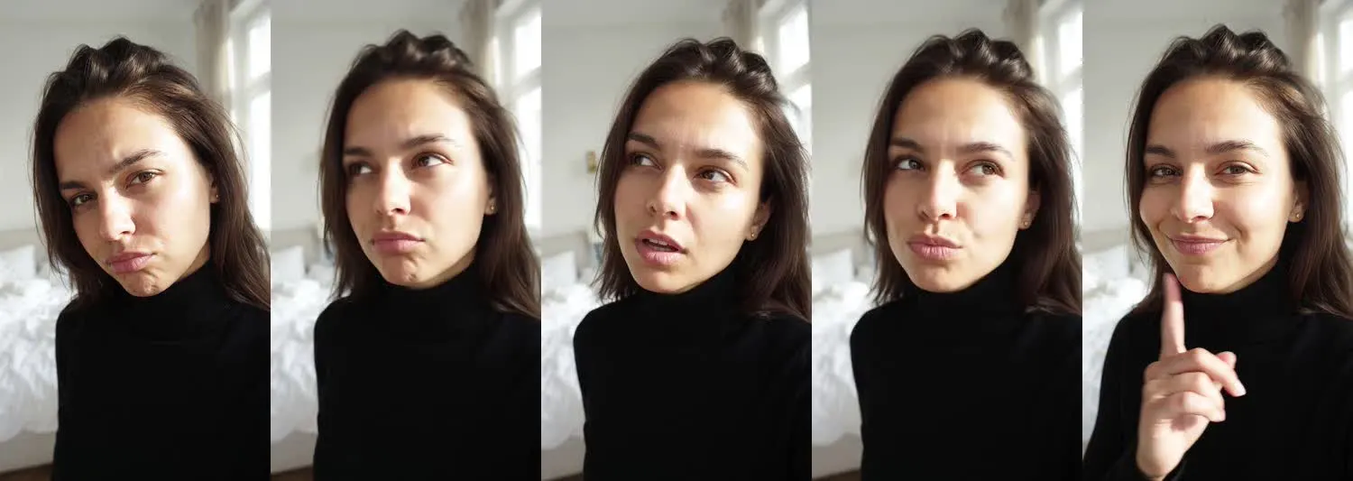 Five frames from the clip, left to right: Mia · Wait, what? · Bedroom