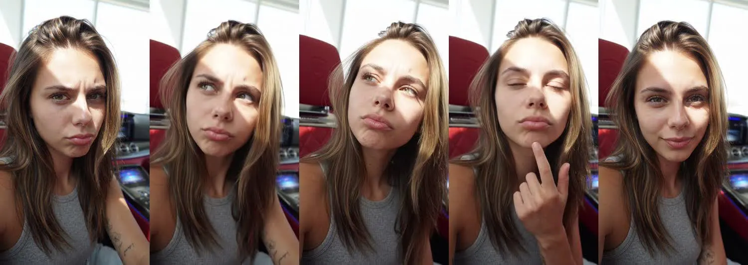 Five frames from the clip, left to right: Nova · Wait, what? · Luxury car interior
